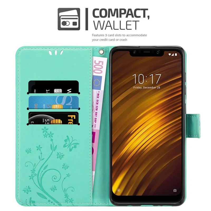 Cadorabo Hülle kompatibel mit Xiaomi Pocophone F1 Schutzhülle im Blumen Design mit Magnetverschluss, Standfunktion und Kartenfächern