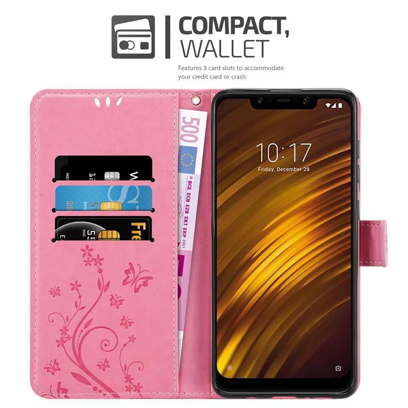 Cadorabo Hülle kompatibel mit Xiaomi Pocophone F1 Schutzhülle im Blumen Design mit Magnetverschluss, Standfunktion und Kartenfächern
