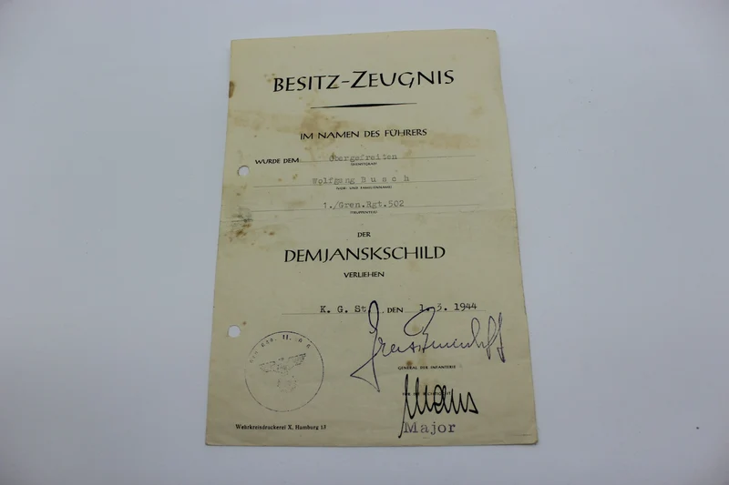 Demjanskschild-Preisurkunde