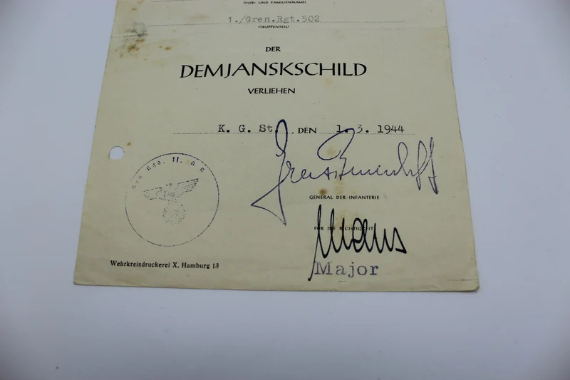 Demjanskschild-Preisurkunde