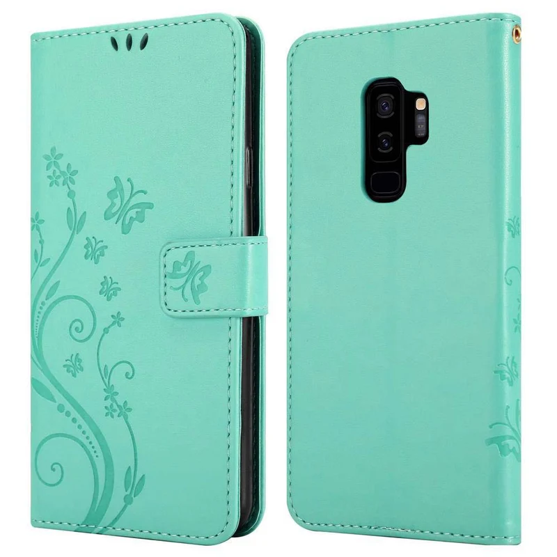Cadorabo Hülle kompatibel mit Samsung Galaxy S9 PLUS Schutzhülle im Blumen Design mit Magnetverschluss, Standfunktion und Kartenfächern