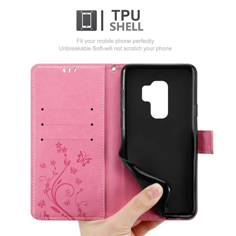 Cadorabo Hülle kompatibel mit Samsung Galaxy S9 PLUS Schutzhülle im Blumen Design mit Magnetverschluss, Standfunktion und Kartenfächern
