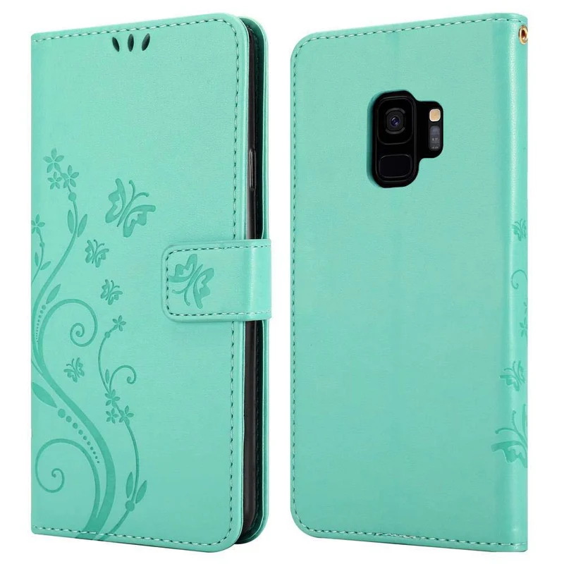 Cadorabo Hülle kompatibel mit Samsung Galaxy S9 Schutzhülle im Blumen Design mit Magnetverschluss, Standfunktion und Kartenfächern