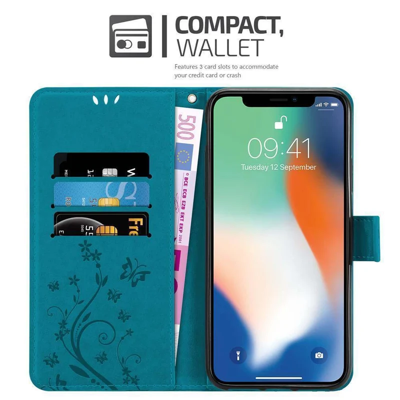 Cadorabo Hülle kompatibel mit Apple iPhone XR Schutzhülle im Blumen Design mit Magnetverschluss, Standfunktion und Kartenfächern