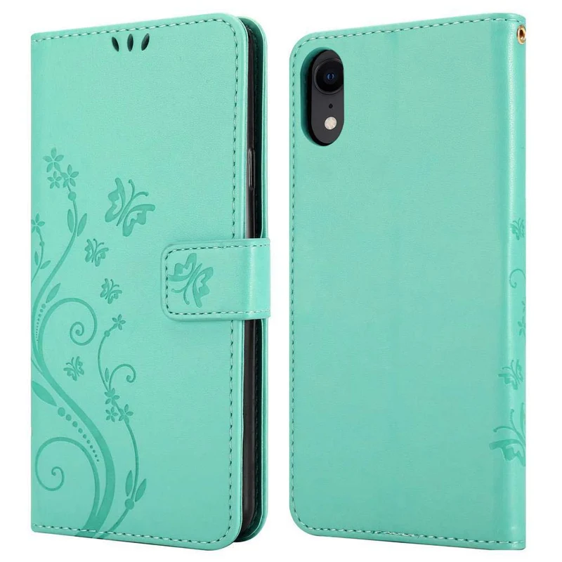 Cadorabo Hülle kompatibel mit Apple iPhone XR Schutzhülle im Blumen Design mit Magnetverschluss, Standfunktion und Kartenfächern