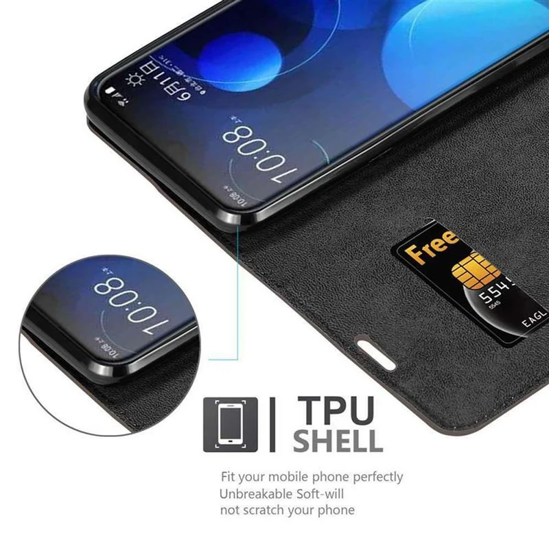 Cadorabo Hülle kompatibel mit HTC Desire 19 PLUS Schutzhülle mit Magnetverschluss, Standfunktion und Kartenfach