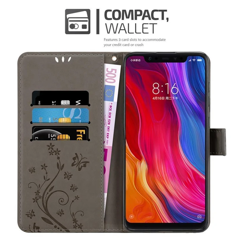 Cadorabo Hülle kompatibel mit Xiaomi Mi 8 Schutzhülle im Blumen Design mit Magnetverschluss, Standfunktion und Kartenfächern