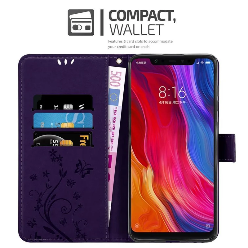 Cadorabo Hülle kompatibel mit Xiaomi Mi 8 Schutzhülle im Blumen Design mit Magnetverschluss, Standfunktion und Kartenfächern