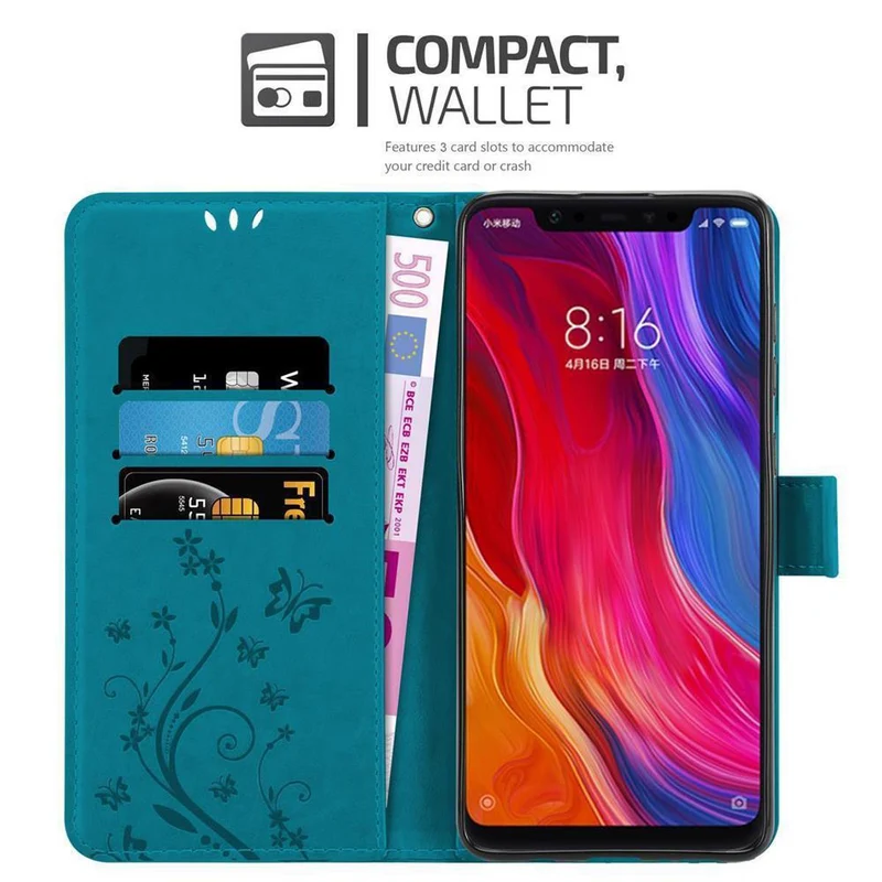 Cadorabo Hülle kompatibel mit Xiaomi Mi 8 Schutzhülle im Blumen Design mit Magnetverschluss, Standfunktion und Kartenfächern