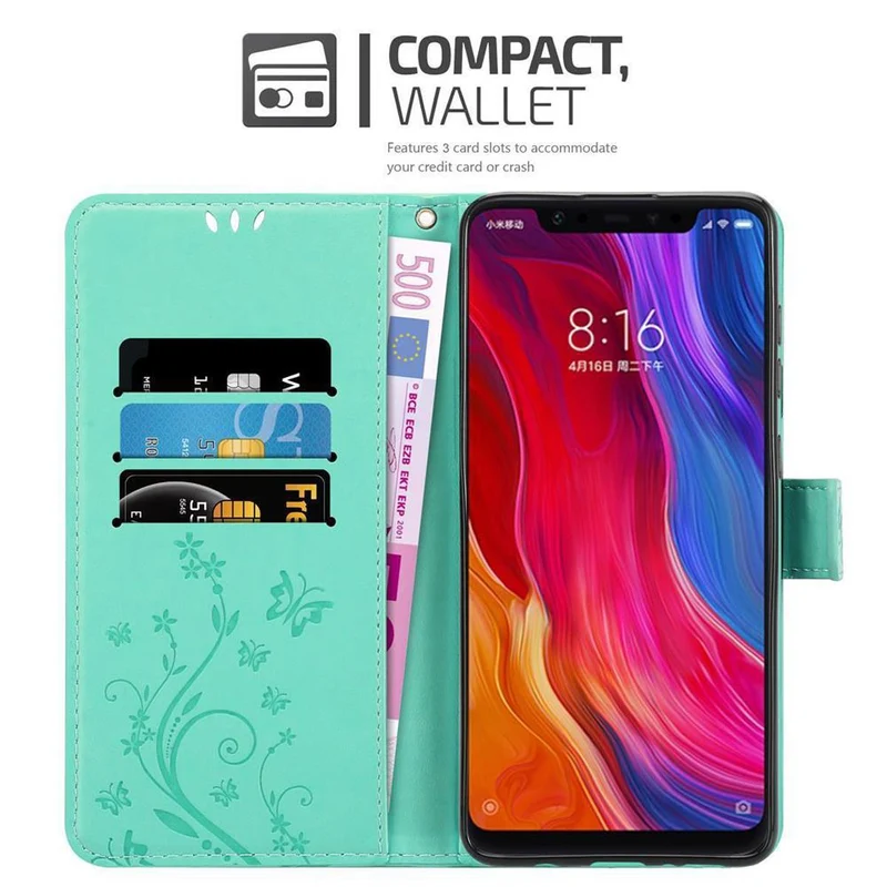 Cadorabo Hülle kompatibel mit Xiaomi Mi 8 Schutzhülle im Blumen Design mit Magnetverschluss, Standfunktion und Kartenfächern