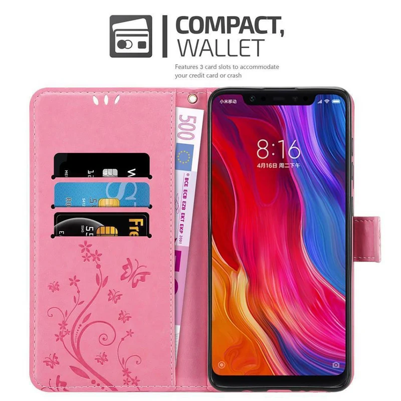 Cadorabo Hülle kompatibel mit Xiaomi Mi 8 Schutzhülle im Blumen Design mit Magnetverschluss, Standfunktion und Kartenfächern