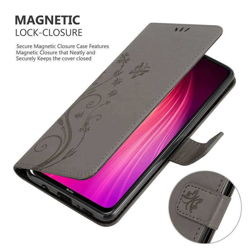Cadorabo Hülle kompatibel mit Xiaomi RedMi NOTE 8 Schutzhülle im Blumen Design mit Magnetverschluss, Standfunktion und Kartenfächern