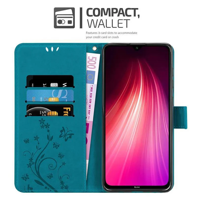 Cadorabo Hülle kompatibel mit Xiaomi RedMi NOTE 8 Schutzhülle im Blumen Design mit Magnetverschluss, Standfunktion und Kartenfächern