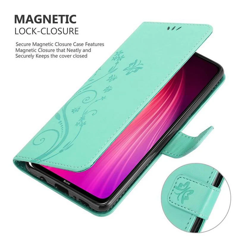 Cadorabo Hülle kompatibel mit Xiaomi RedMi NOTE 8 Schutzhülle im Blumen Design mit Magnetverschluss, Standfunktion und Kartenfächern