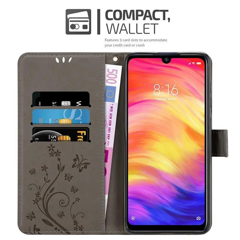 Cadorabo Hülle kompatibel mit Xiaomi RedMi NOTE 7 Schutzhülle im Blumen Design mit Magnetverschluss, Standfunktion und Kartenfächern