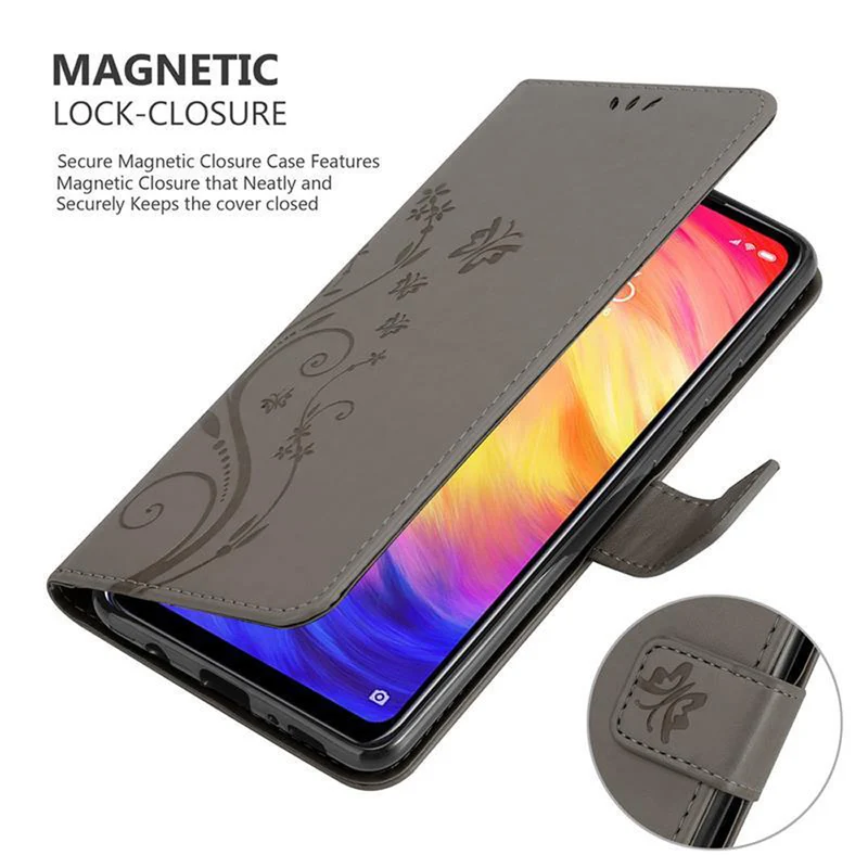 Cadorabo Hülle kompatibel mit Xiaomi RedMi NOTE 7 Schutzhülle im Blumen Design mit Magnetverschluss, Standfunktion und Kartenfächern