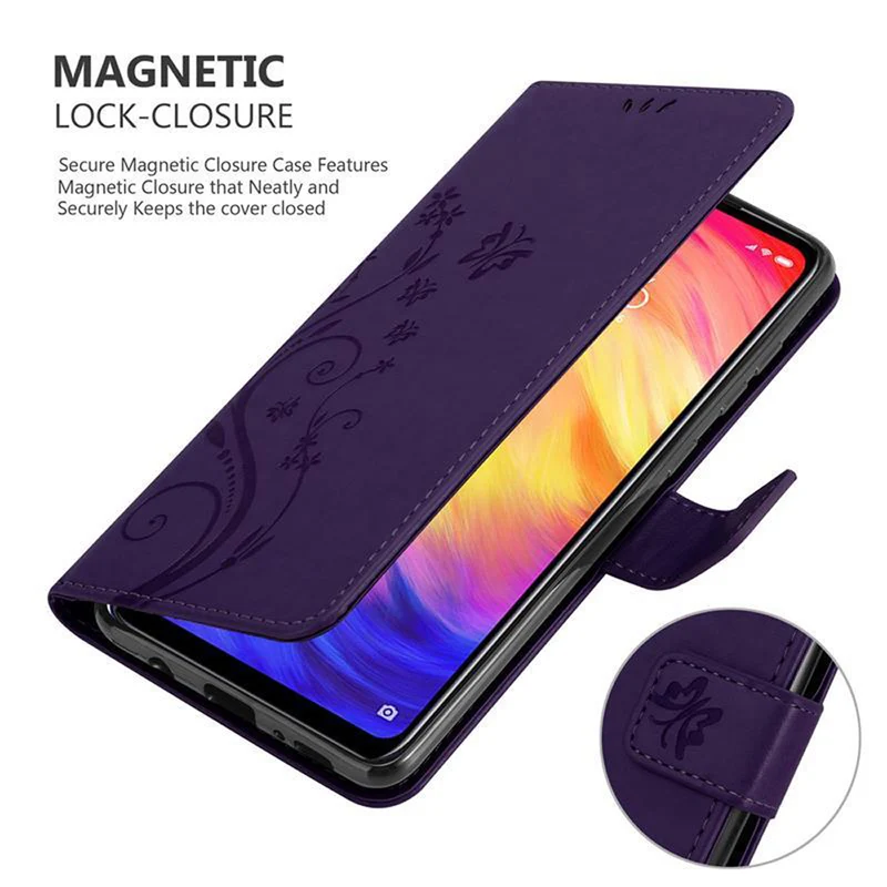 Cadorabo Hülle kompatibel mit Xiaomi RedMi NOTE 7 Schutzhülle im Blumen Design mit Magnetverschluss, Standfunktion und Kartenfächern