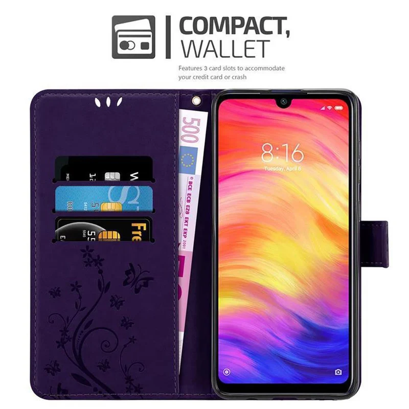 Cadorabo Hülle kompatibel mit Xiaomi RedMi NOTE 7 Schutzhülle im Blumen Design mit Magnetverschluss, Standfunktion und Kartenfächern
