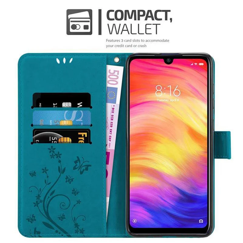 Cadorabo Hülle kompatibel mit Xiaomi RedMi NOTE 7 Schutzhülle im Blumen Design mit Magnetverschluss, Standfunktion und Kartenfächern
