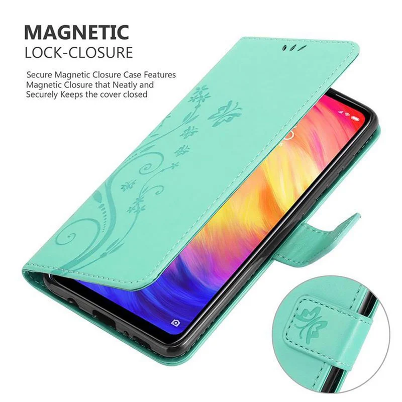 Cadorabo Hülle kompatibel mit Xiaomi RedMi NOTE 7 Schutzhülle im Blumen Design mit Magnetverschluss, Standfunktion und Kartenfächern