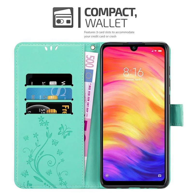 Cadorabo Hülle kompatibel mit Xiaomi RedMi NOTE 7 Schutzhülle im Blumen Design mit Magnetverschluss, Standfunktion und Kartenfächern