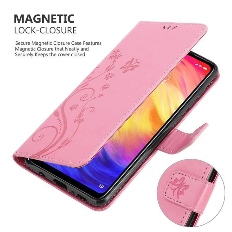 Cadorabo Hülle kompatibel mit Xiaomi RedMi NOTE 7 Schutzhülle im Blumen Design mit Magnetverschluss, Standfunktion und Kartenfächern