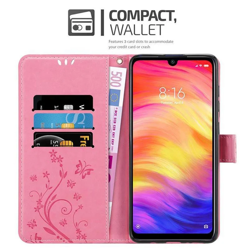 Cadorabo Hülle kompatibel mit Xiaomi RedMi NOTE 7 Schutzhülle im Blumen Design mit Magnetverschluss, Standfunktion und Kartenfächern