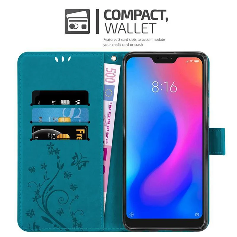 Cadorabo Hülle kompatibel mit Xiaomi RedMi NOTE 6 PRO Schutzhülle im Blumen Design mit Magnetverschluss, Standfunktion und Kartenfächern