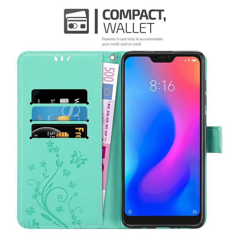 Cadorabo Hülle kompatibel mit Xiaomi RedMi NOTE 6 PRO Schutzhülle im Blumen Design mit Magnetverschluss, Standfunktion und Kartenfächern
