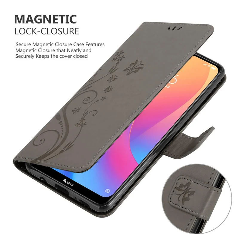 Cadorabo Hülle kompatibel mit Xiaomi RedMi 8A Schutzhülle im Blumen Design mit Magnetverschluss, Standfunktion und Kartenfächern