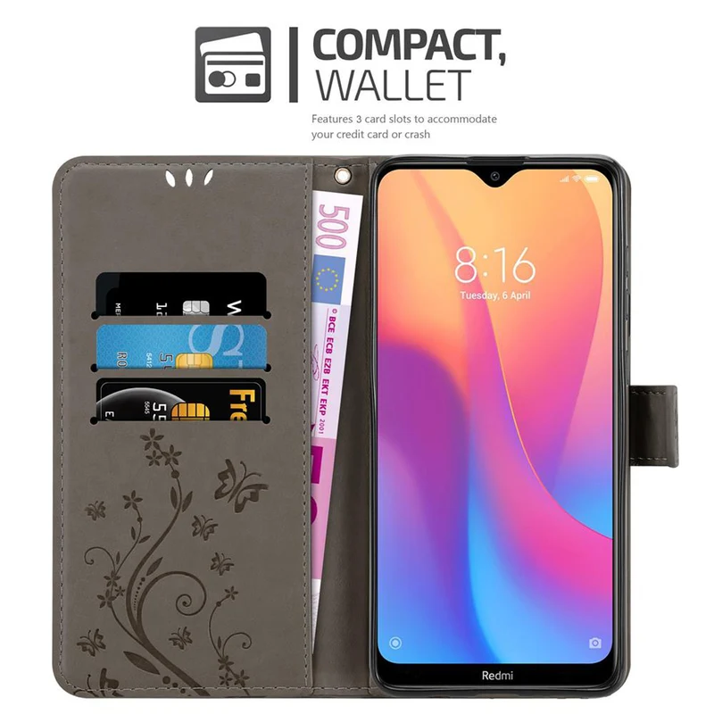 Cadorabo Hülle kompatibel mit Xiaomi RedMi 8A Schutzhülle im Blumen Design mit Magnetverschluss, Standfunktion und Kartenfächern