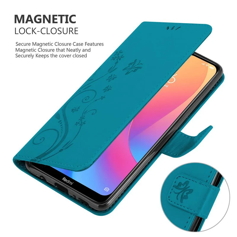 Cadorabo Hülle kompatibel mit Xiaomi RedMi 8A Schutzhülle im Blumen Design mit Magnetverschluss, Standfunktion und Kartenfächern