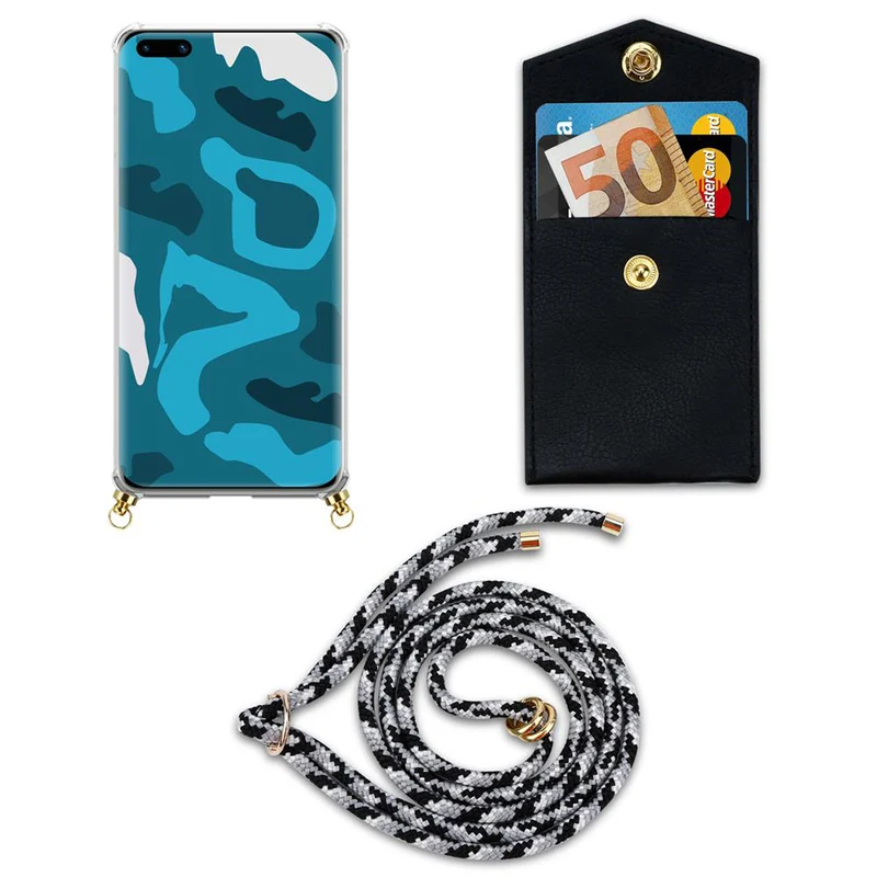 Cadorabo Handy Kette kompatibel mit Huawei P40 Silikon Schutzhülle mit Gold Ringen, Kordel Band und abnehmbarem Etui