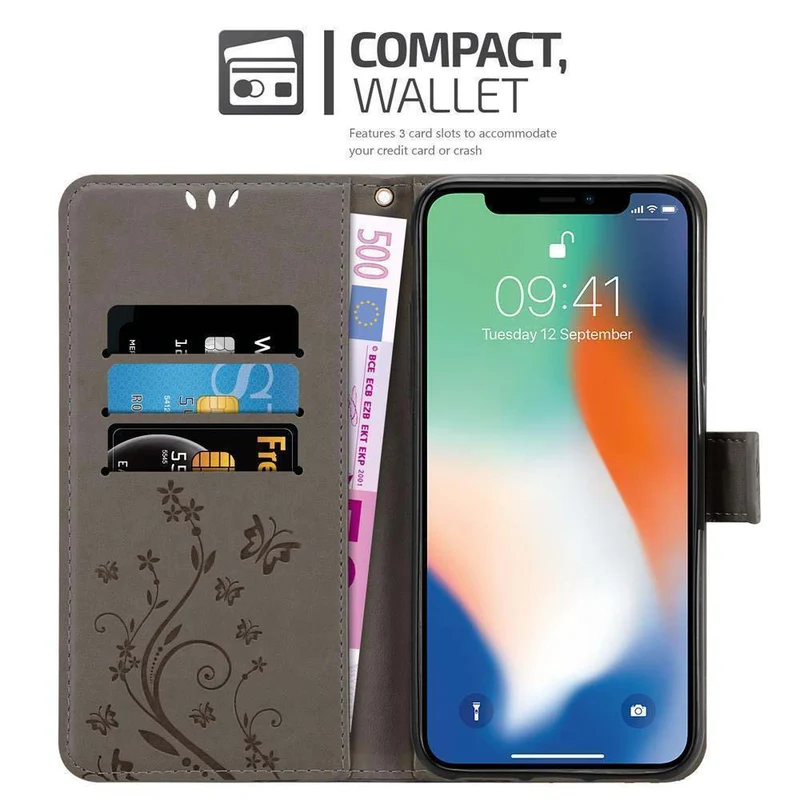 Cadorabo Hülle kompatibel mit Apple iPhone X / XS Schutzhülle im Blumen Design mit Magnetverschluss, Standfunktion und Kartenfächern