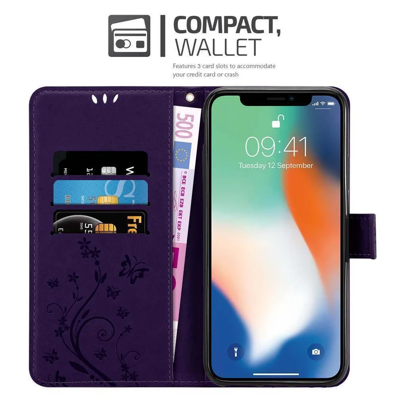 Cadorabo Hülle kompatibel mit Apple iPhone X / XS Schutzhülle im Blumen Design mit Magnetverschluss, Standfunktion und Kartenfächern