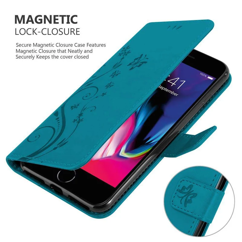 Cadorabo Hülle kompatibel mit Apple iPhone 7 PLUS / 7S PLUS / 8 PLUS Schutzhülle im Blumen Design mit Magnetverschluss, Standfunktion und Kartenfächern