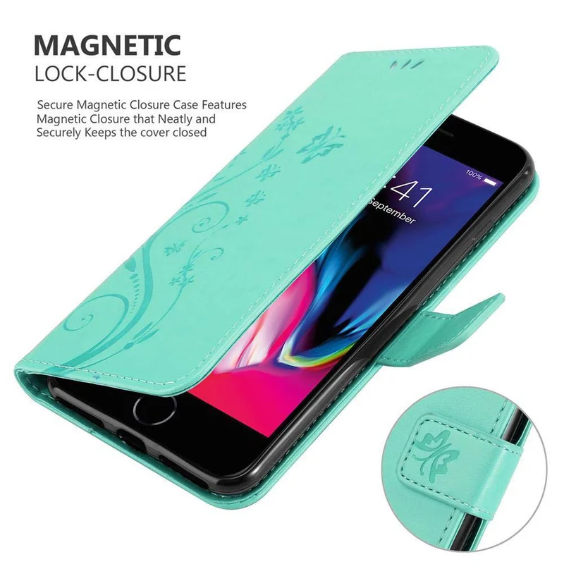 Cadorabo Hülle kompatibel mit Apple iPhone 7 PLUS / 7S PLUS / 8 PLUS Schutzhülle im Blumen Design mit Magnetverschluss, Standfunktion und Kartenfächern