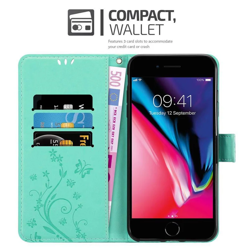 Cadorabo Hülle kompatibel mit Apple iPhone 7 PLUS / 7S PLUS / 8 PLUS Schutzhülle im Blumen Design mit Magnetverschluss, Standfunktion und Kartenfächern