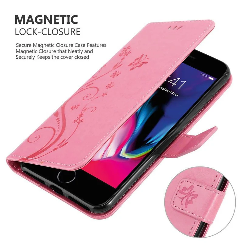 Cadorabo Hülle kompatibel mit Apple iPhone 7 PLUS / 7S PLUS / 8 PLUS Schutzhülle im Blumen Design mit Magnetverschluss, Standfunktion und Kartenfächern