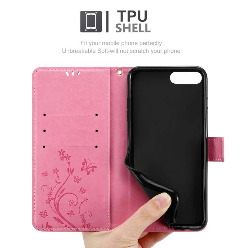 Cadorabo Hülle kompatibel mit Apple iPhone 7 PLUS / 7S PLUS / 8 PLUS Schutzhülle im Blumen Design mit Magnetverschluss, Standfunktion und Kartenfächern