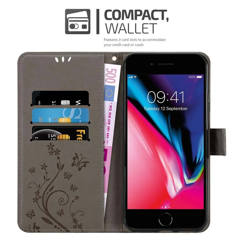 Cadorabo Hülle kompatibel mit Apple iPhone 7 / 7S / 8 / SE 2020 Schutzhülle im Blumen Design mit Magnetverschluss, Standfunktion und Kartenfächern