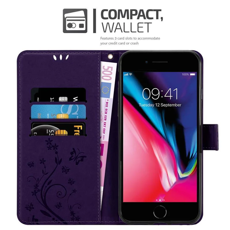 Cadorabo Hülle kompatibel mit Apple iPhone 7 / 7S / 8 / SE 2020 Schutzhülle im Blumen Design mit Magnetverschluss, Standfunktion und Kartenfächern