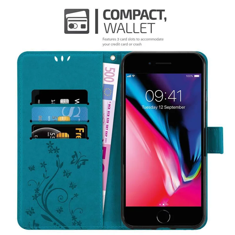 Cadorabo Hülle kompatibel mit Apple iPhone 7 / 7S / 8 / SE 2020 Schutzhülle im Blumen Design mit Magnetverschluss, Standfunktion und Kartenfächern