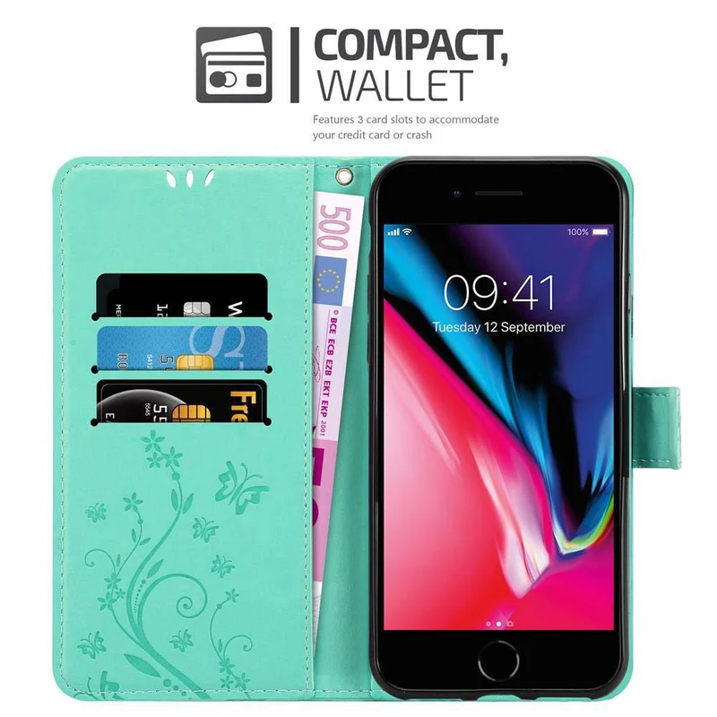 Cadorabo Hülle kompatibel mit Apple iPhone 7 / 7S / 8 / SE 2020 Schutzhülle im Blumen Design mit Magnetverschluss, Standfunktion und Kartenfächern