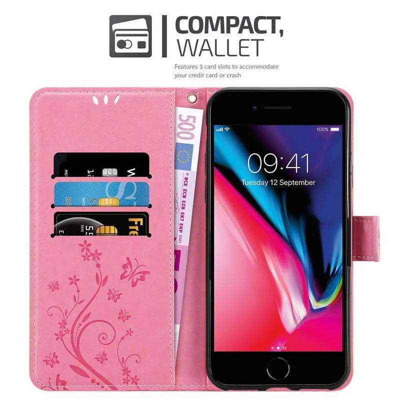 Cadorabo Hülle kompatibel mit Apple iPhone 7 / 7S / 8 / SE 2020 Schutzhülle im Blumen Design mit Magnetverschluss, Standfunktion und Kartenfächern