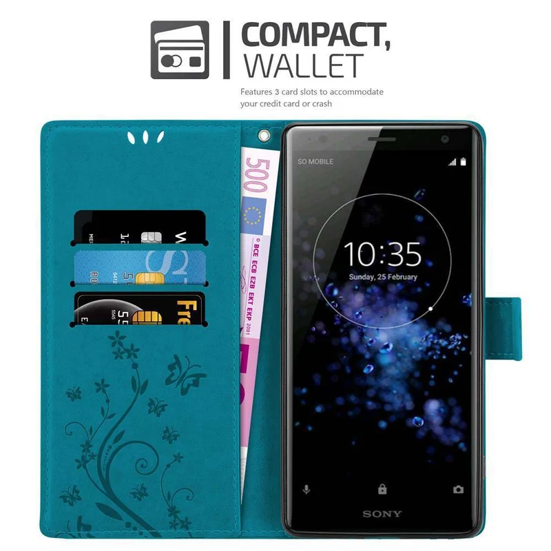 Cadorabo Hülle kompatibel mit Sony Xperia XZ2 Schutzhülle im Blumen Design mit Magnetverschluss, Standfunktion und Kartenfächern