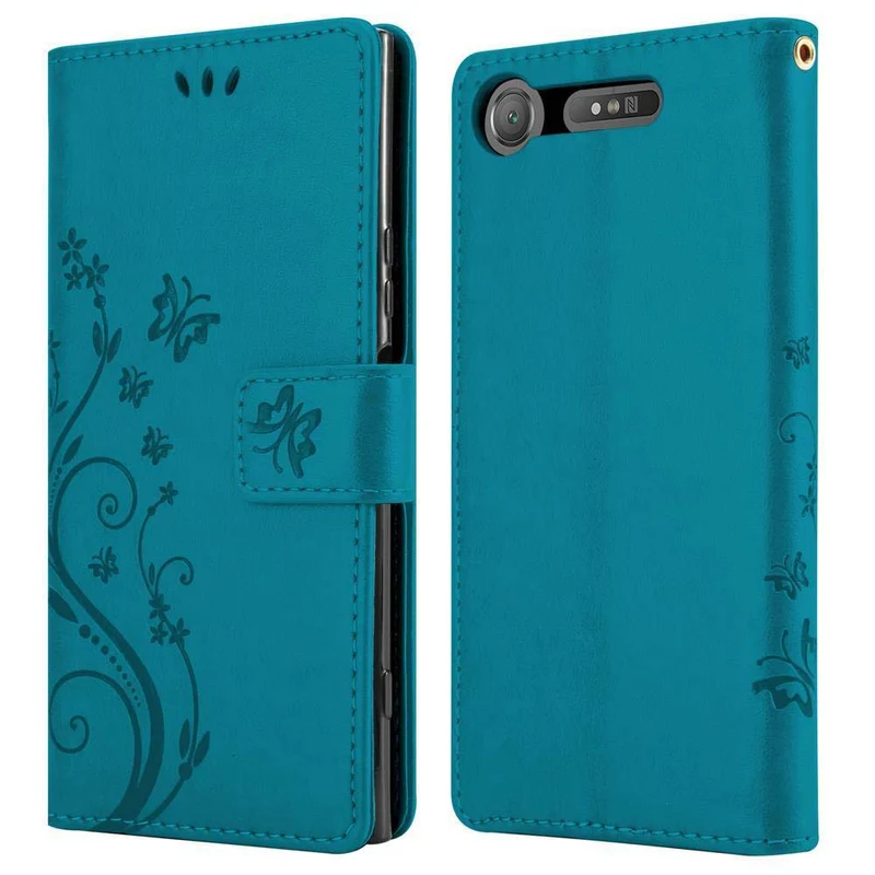 Cadorabo Hülle kompatibel mit Sony Xperia XZ1 Schutzhülle im Blumen Design mit Magnetverschluss, Standfunktion und Kartenfächern