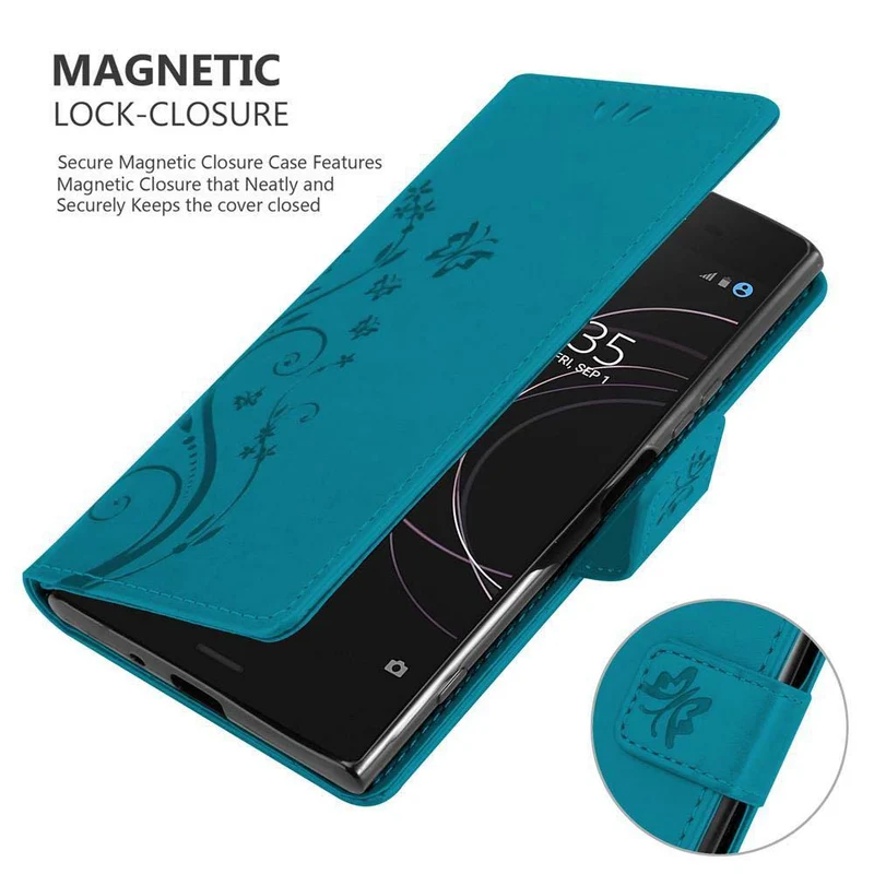 Cadorabo Hülle kompatibel mit Sony Xperia XZ1 Schutzhülle im Blumen Design mit Magnetverschluss, Standfunktion und Kartenfächern
