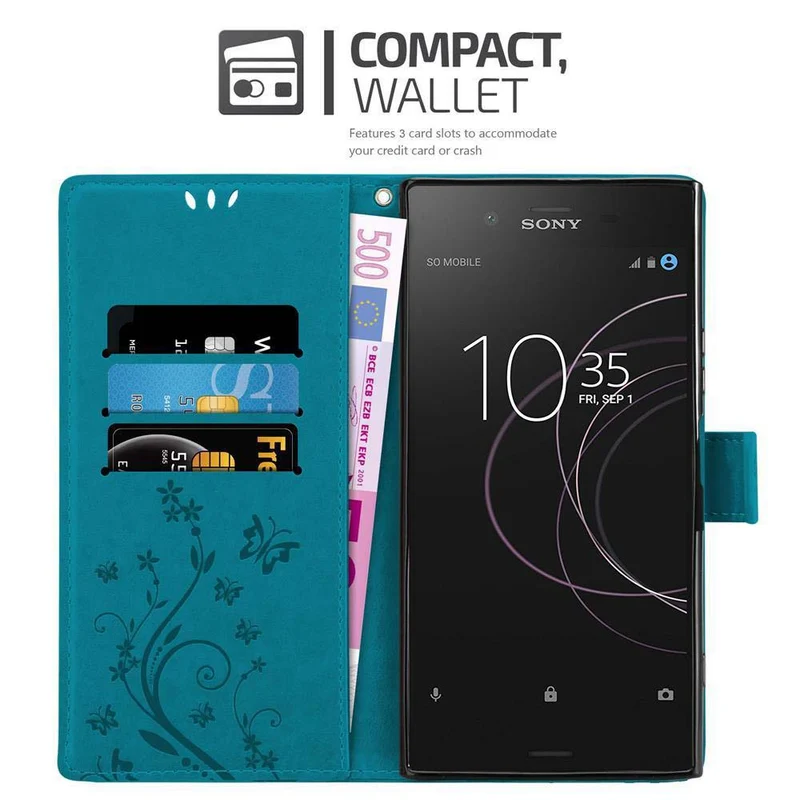 Cadorabo Hülle kompatibel mit Sony Xperia XZ1 Schutzhülle im Blumen Design mit Magnetverschluss, Standfunktion und Kartenfächern