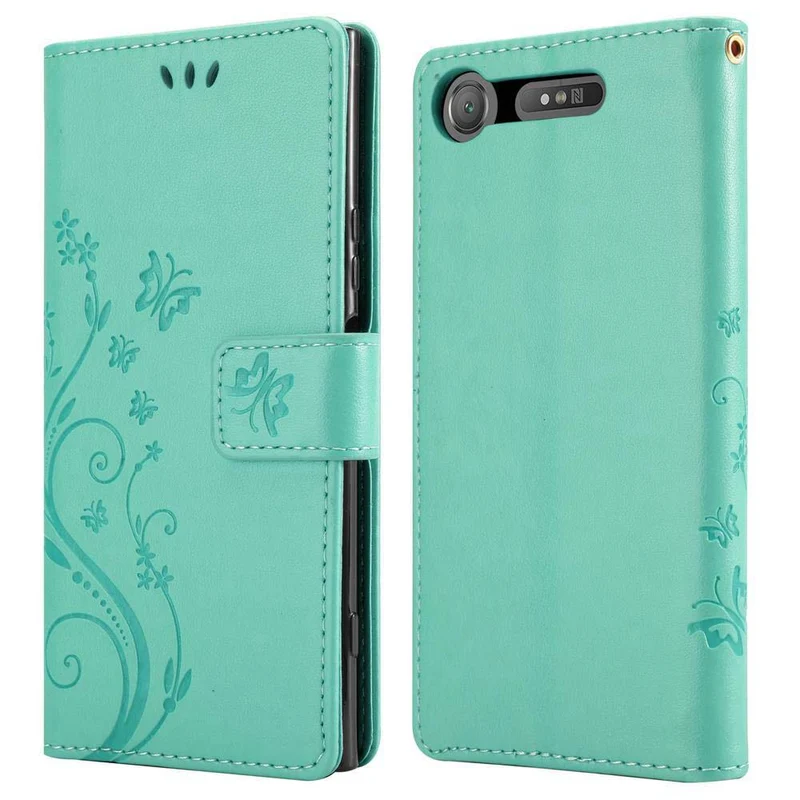 Cadorabo Hülle kompatibel mit Sony Xperia XZ1 Schutzhülle im Blumen Design mit Magnetverschluss, Standfunktion und Kartenfächern